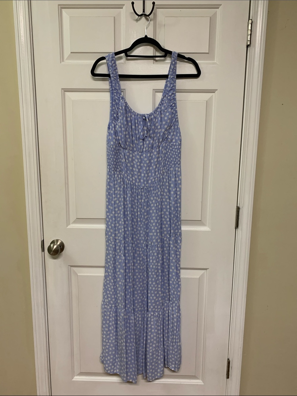 Aerie Sleeveless Light Blue Polka Dot Tiered Skirt Maxi Dress with Scoop Neck